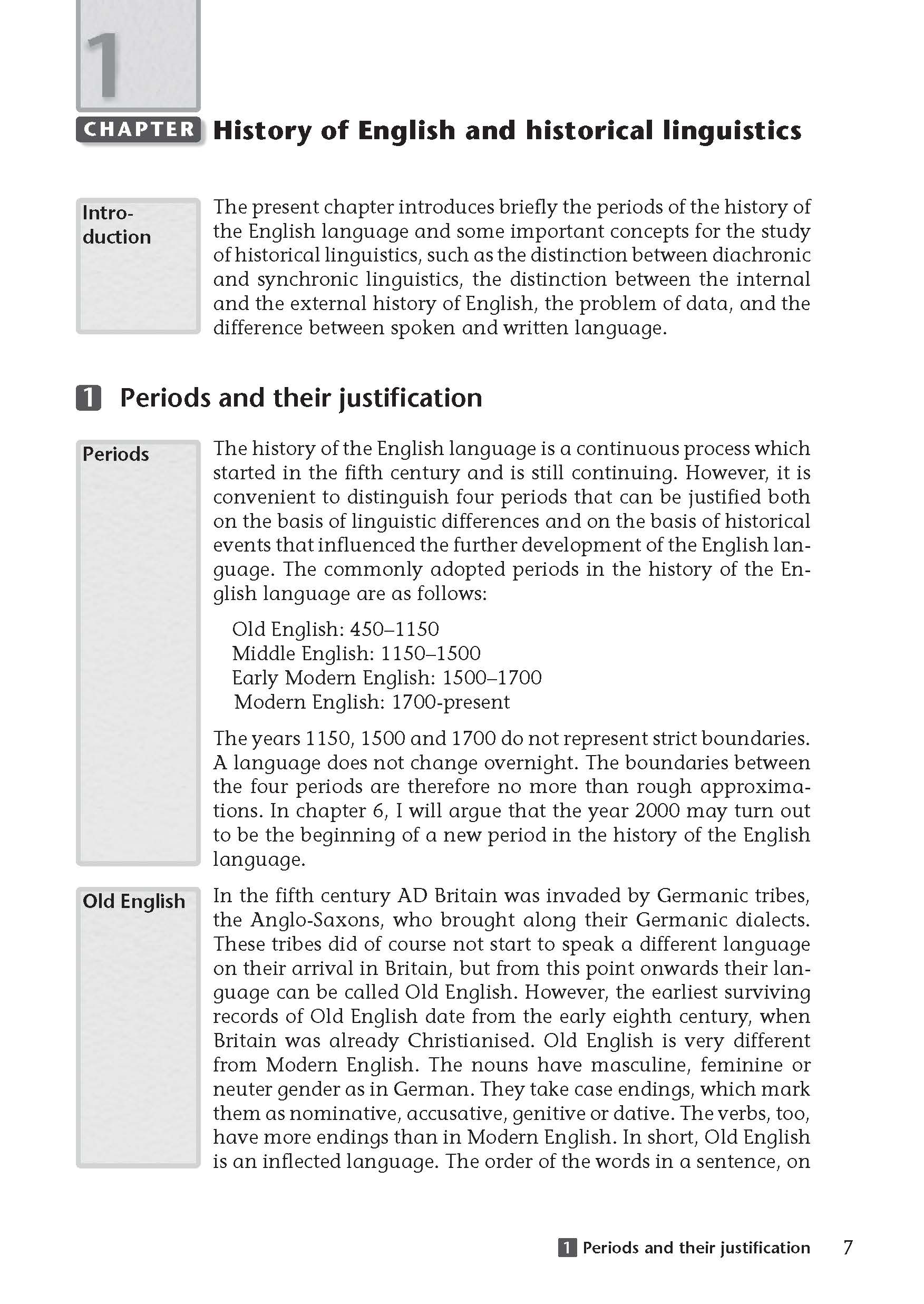 Uni Wissen History of English and English Historical Linguistics Lehrbuchseite mit dem Titel Geschichte des Englischen und historische Linguistik mit Abschnitten über Sprachperioden, Altenglisch und einer Einführung in Schlüsselbegriffe.